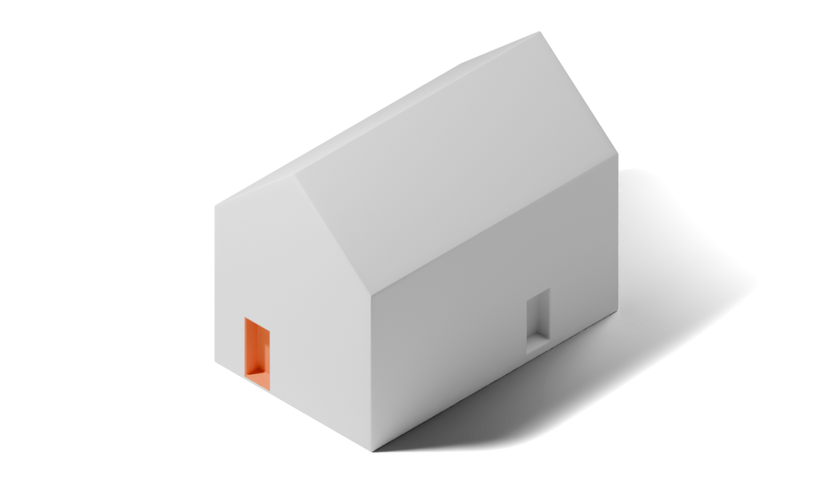 Illustration eines weißen Hauses, bei dem eine zweite Türöffnung durch eine orangefarbene Innenfläche hervorgehoben wird.