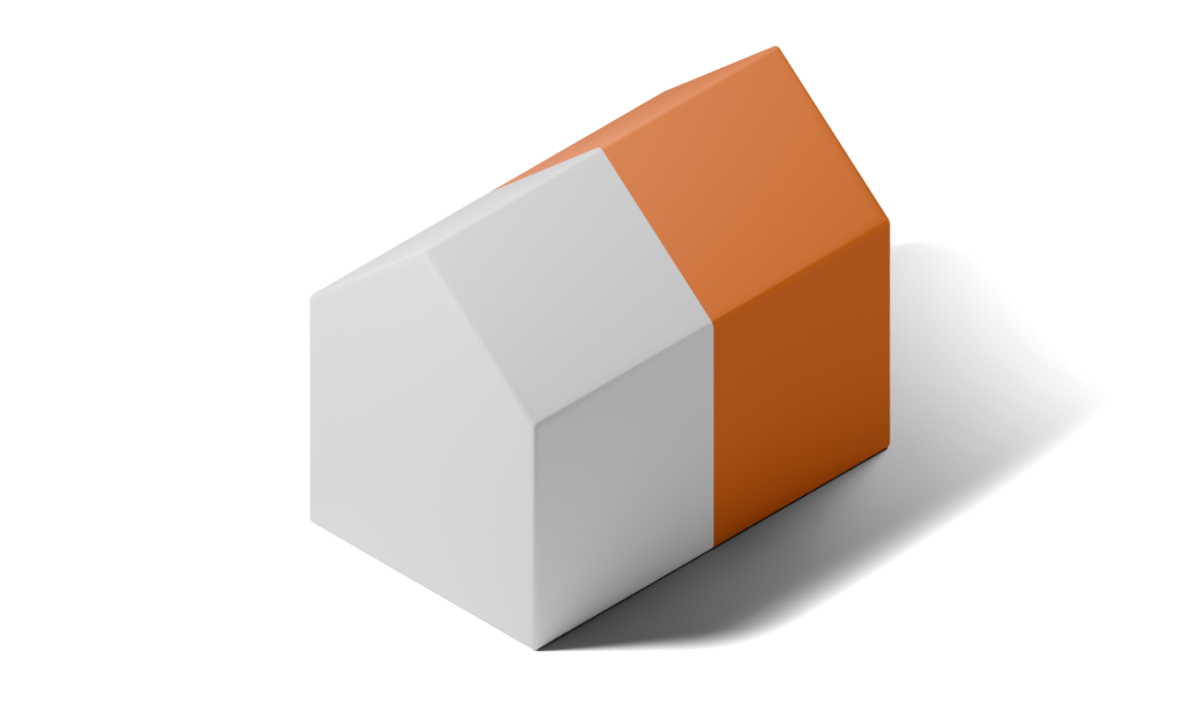 Illustration eines Hauses mit Satteldach, das vertikal in eine weiße und eine orangefarbene Hälfte unterteilt ist. Die farbige Hervorhebung symbolisiert die Teilung des Gebäudes.
